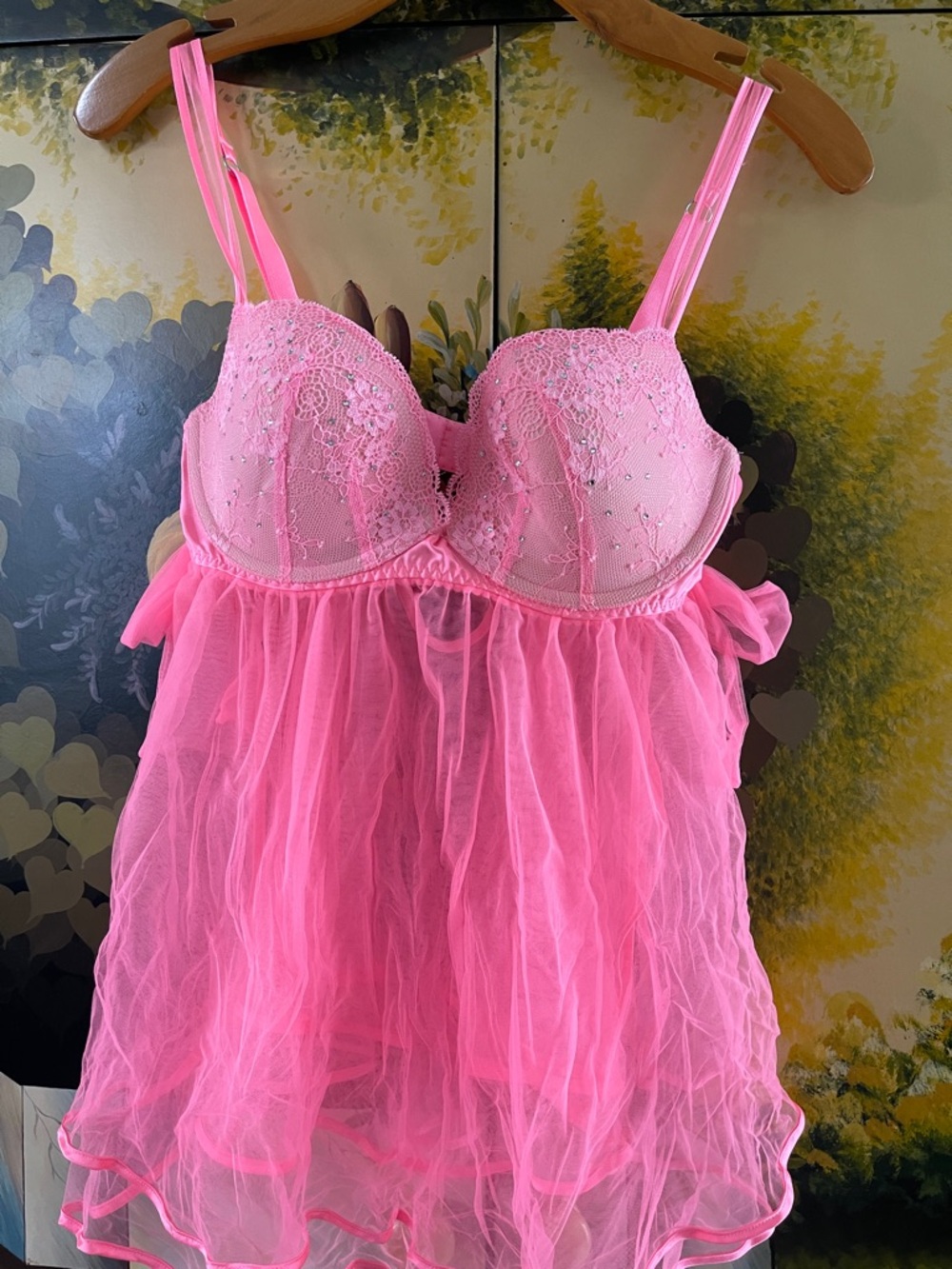 Victoria's Secret Bright Pink Lace & Sheer Babydoll Chemise 34D